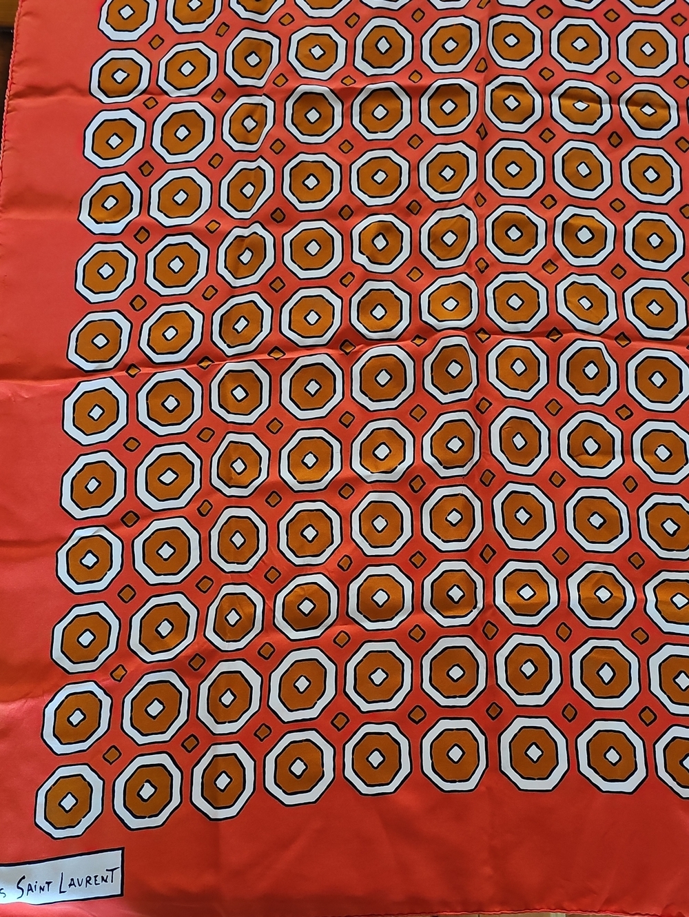 Yves Saint Laurent Orange and White Geometric Silk Scarf